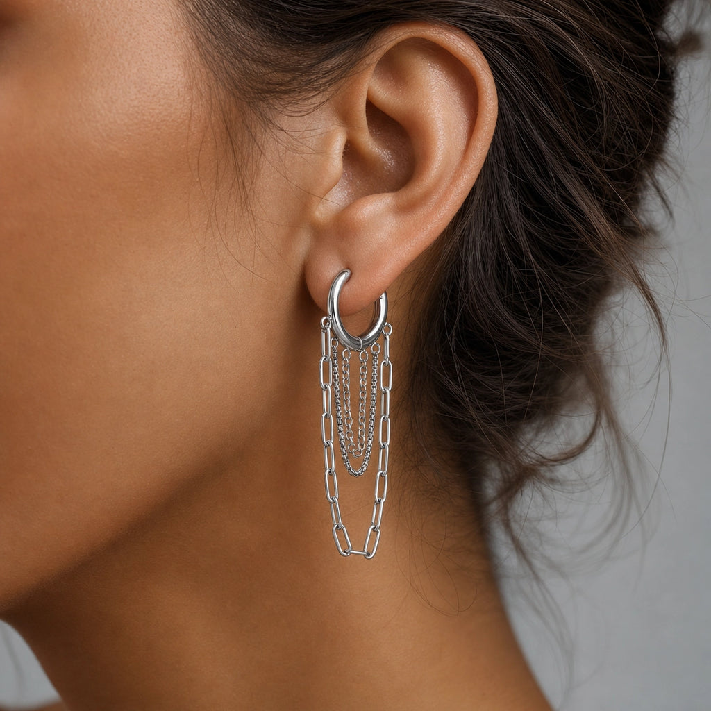 Shonde Layered Chain Hoop Earrings - Silver worn on model