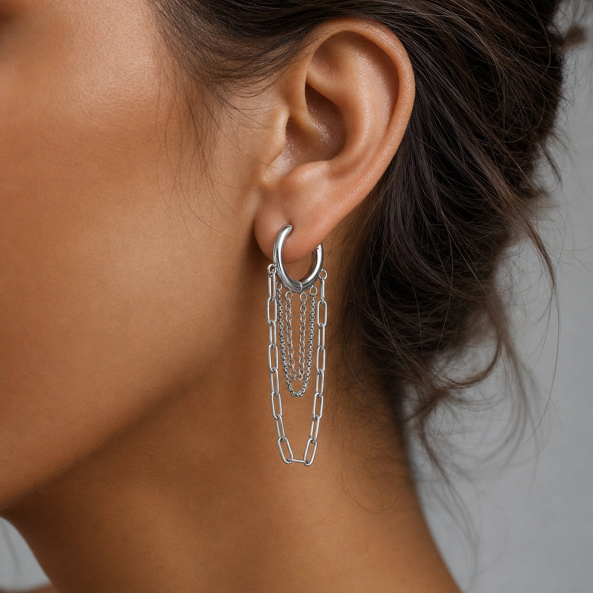 Shonde Layered Chain Hoop Earrings - Silver worn on model
