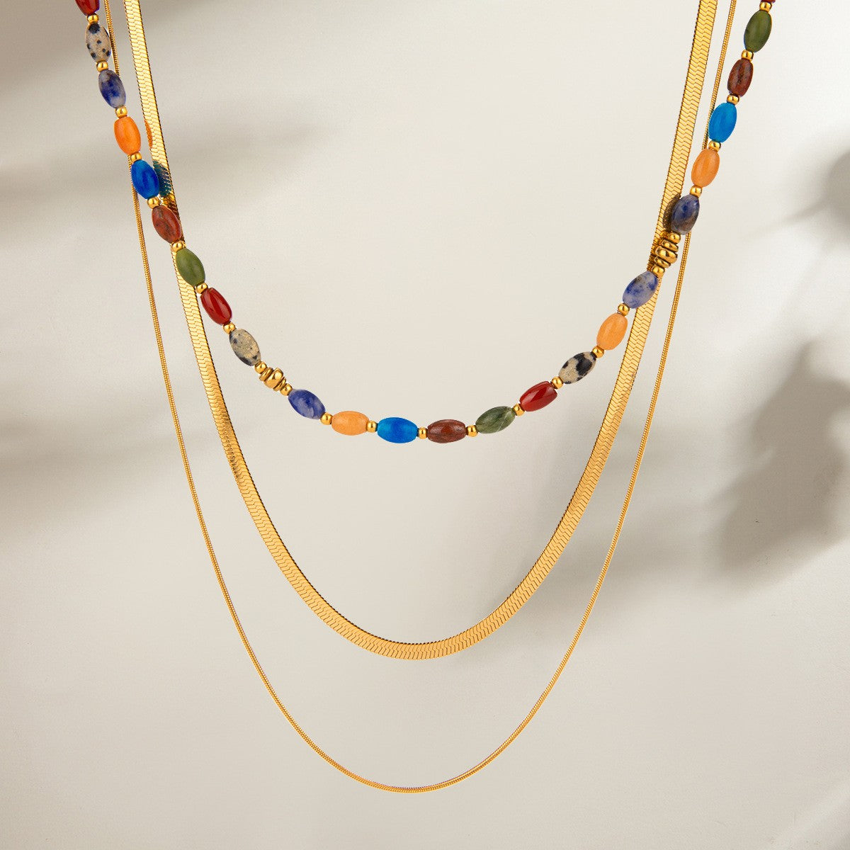 18K gold layered necklace with colorful natural stone beads and herringbone chains