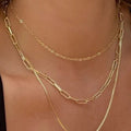 18K gold layered link and box chain necklace worn on model