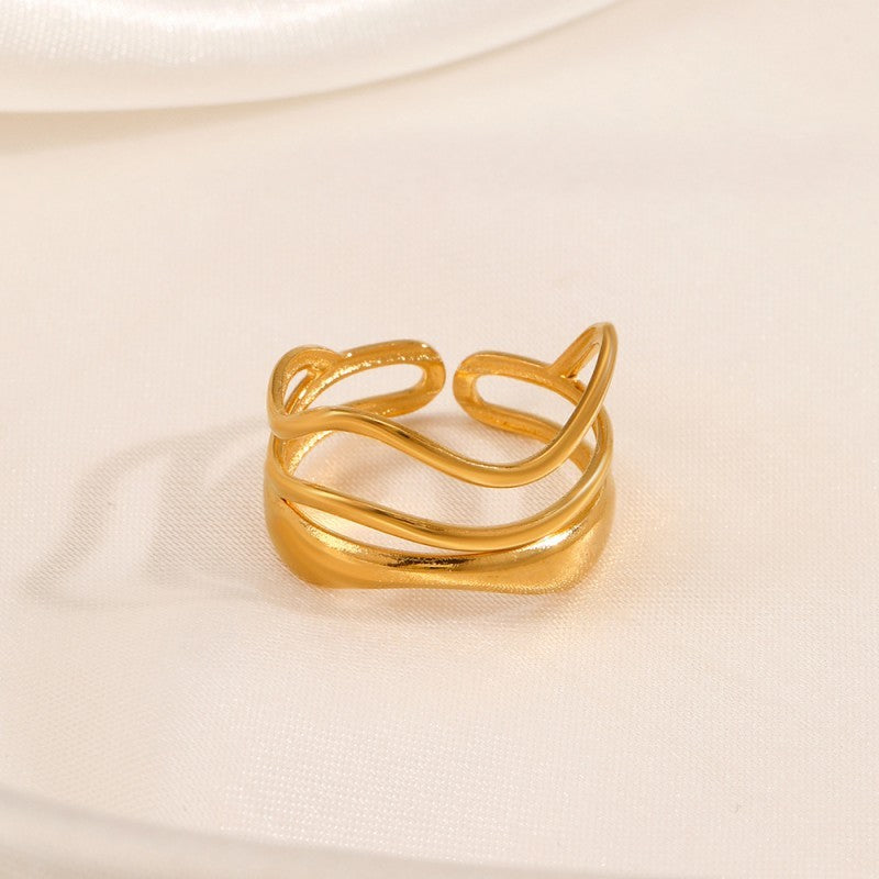 Theresa 18K Gold Abstract Layered Ring - adjustable stainless steel ring with layered wave design