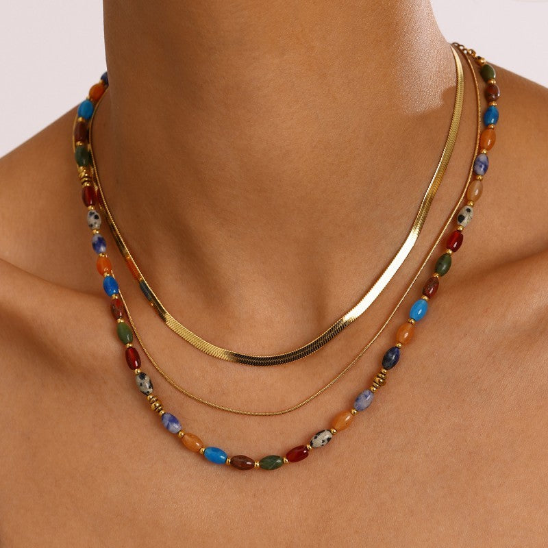 18K stainless steel tarnish-free layered necklace worn on model