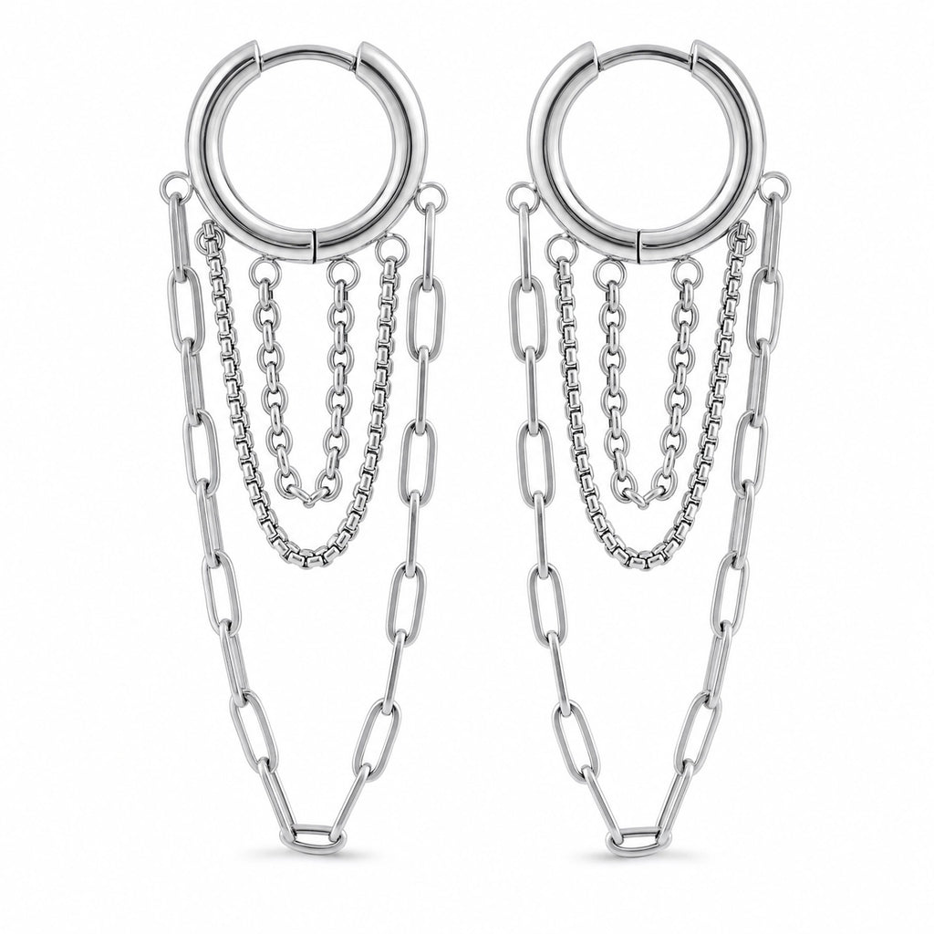 Shonde Layered Chain Hoop Earrings - Silver pair on white background