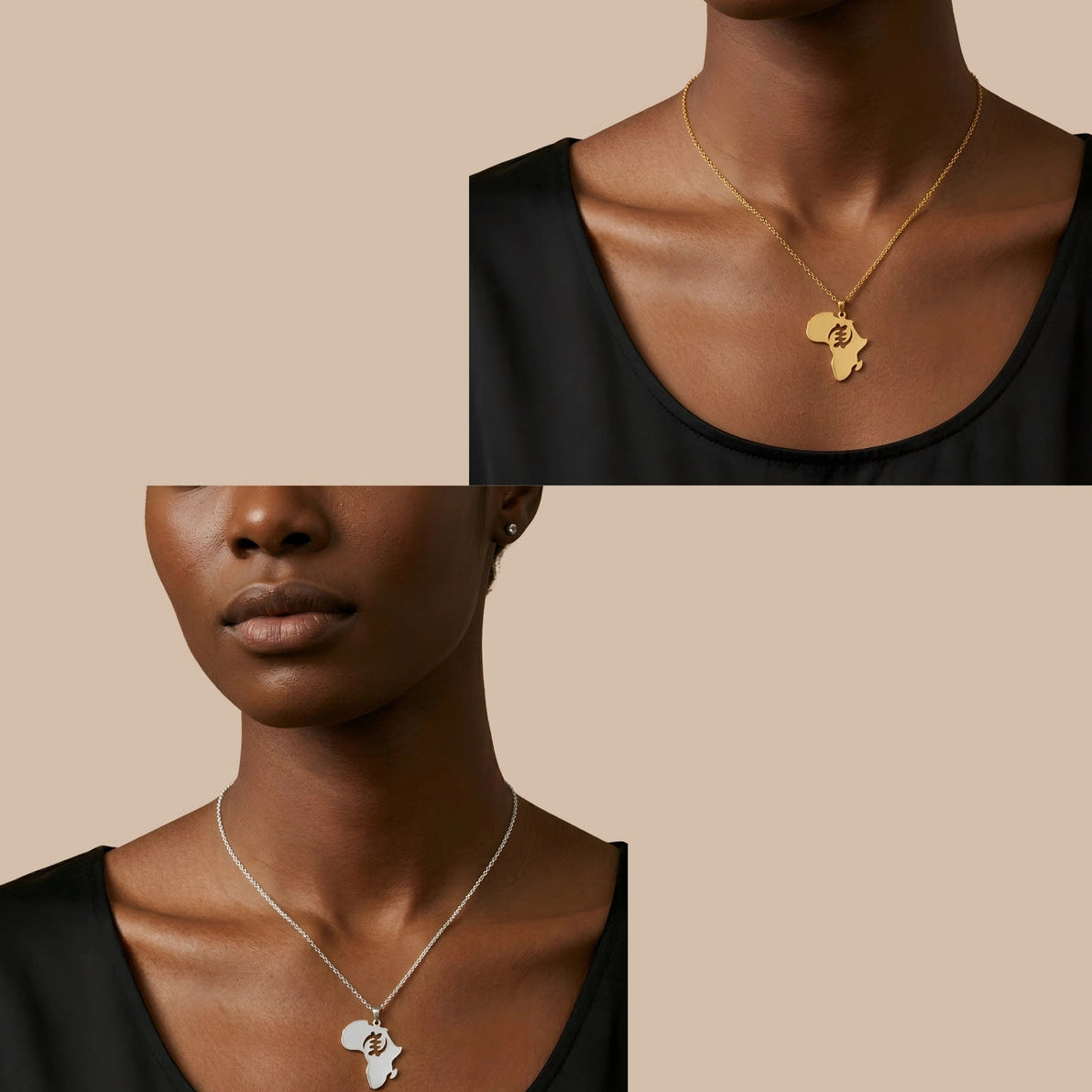 Ayanda Africa Map Gye Nyame Pendant Necklace in gold and silver worn by models