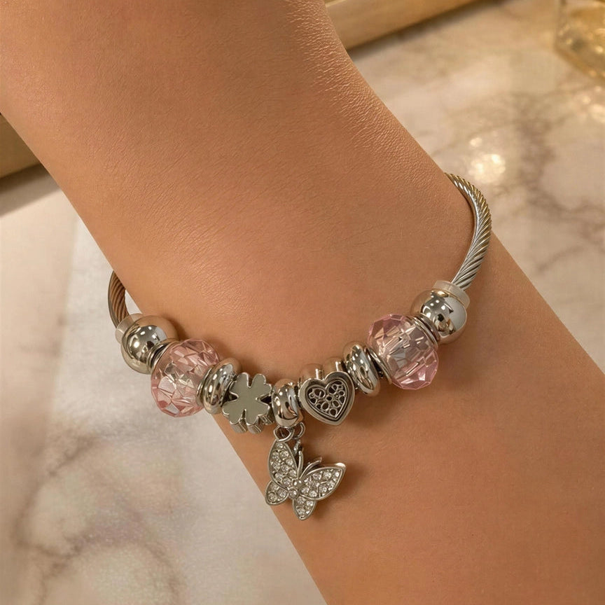 Bailey Blush Butterfly Charm Bracelet with pink beads and butterfly charm