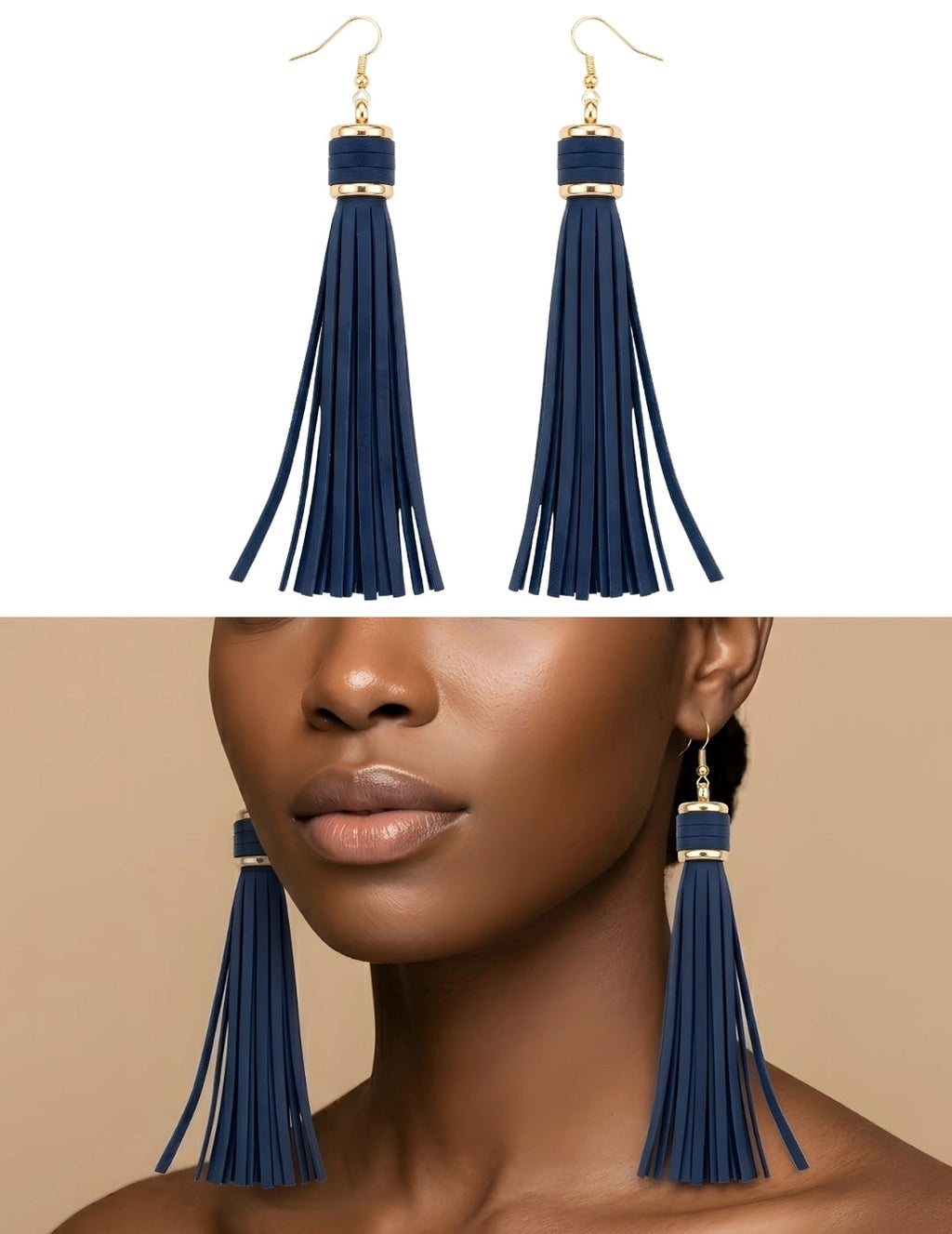 Toya Tassel Drop Earrings worn - Navy Blue with Gold-Tone Accents