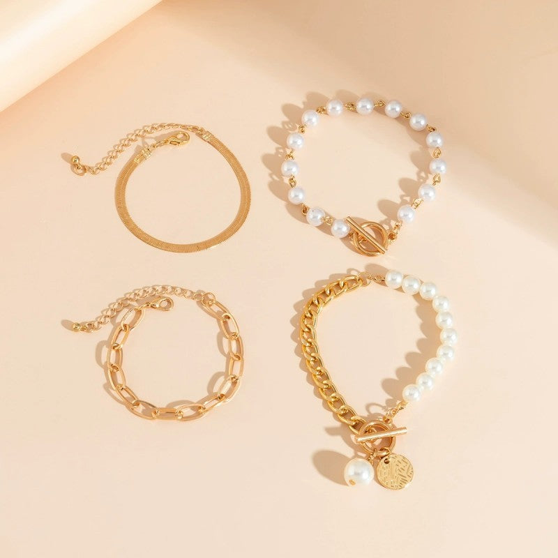 Zendaya Multilayer Pearl Chain Herringbone Mix Bracelet flat lay