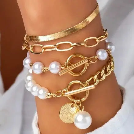Zendaya Multilayer Pearl Chain Herringbone Mix Bracelet worn on wrist