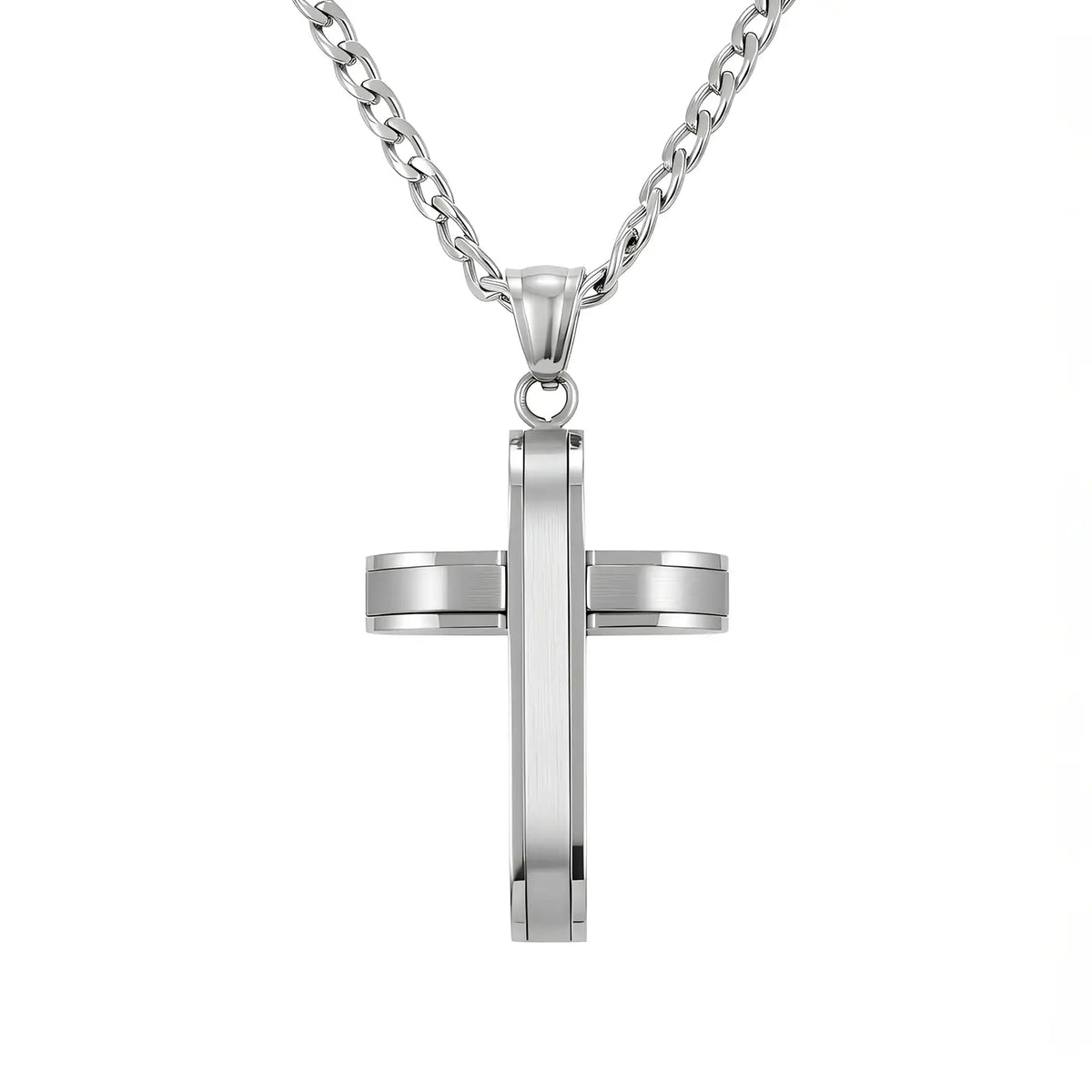 Chozen Classic Cross Cuban Chain Necklace in white stainless steel