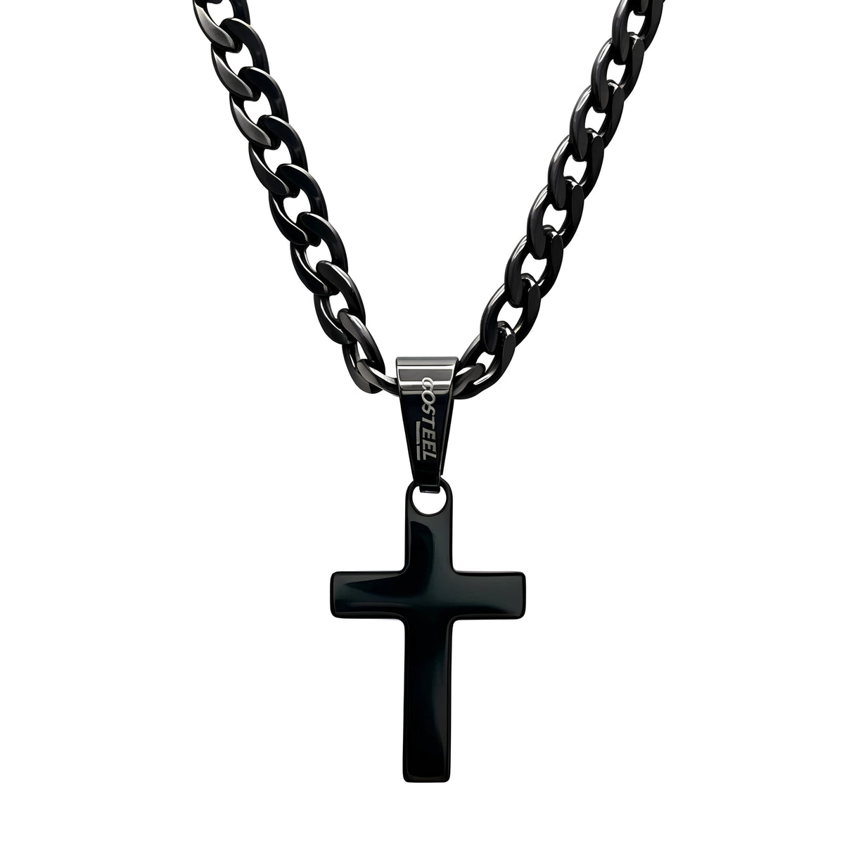 Christian Classic Cross Cuban Chain Necklace in black stainless steel