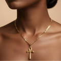 Khadija Gold-Tone Ankh Cross Pendant Necklace worn by model