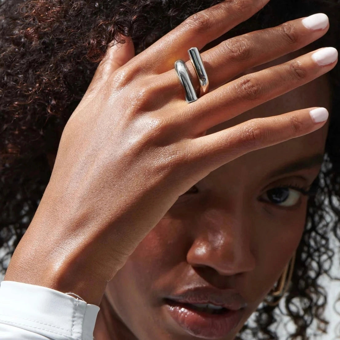 Gia Bent Open Ring in silver worn by model