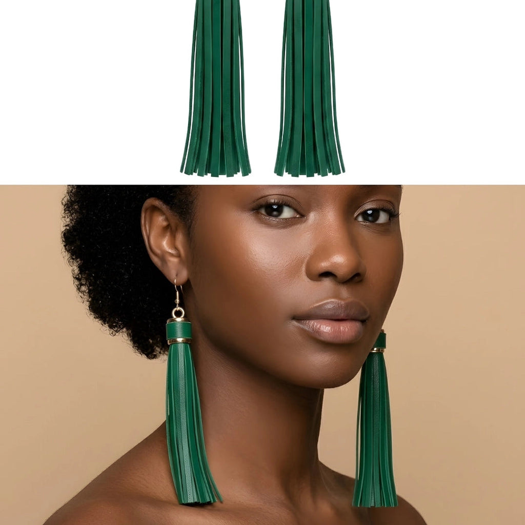 Toya Tassel Drop Earrings – Forest Green with Gold-Tone Accents