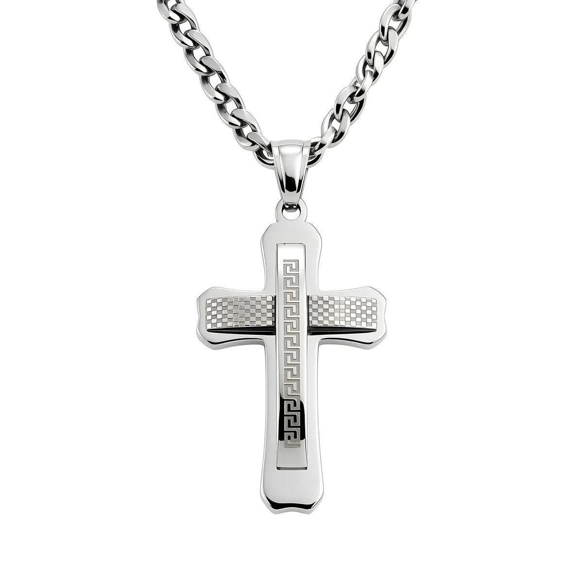 Keith Key Cross Necklace in white stainless steel with Greek key pendant design