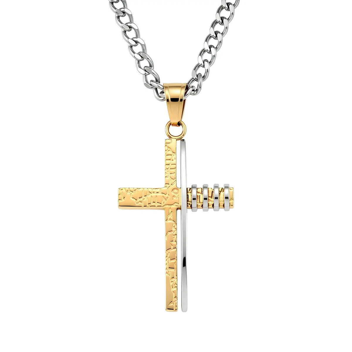 Lacarr Crucifix Necklace in white and gold stainless steel with two-tone contrast pendant