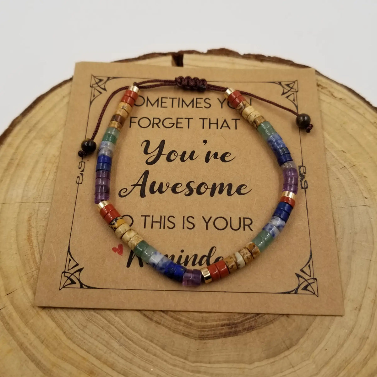 Luna Colorful Natural Stones Encourage Bracelet with You're Awesome inspirational card on wood display