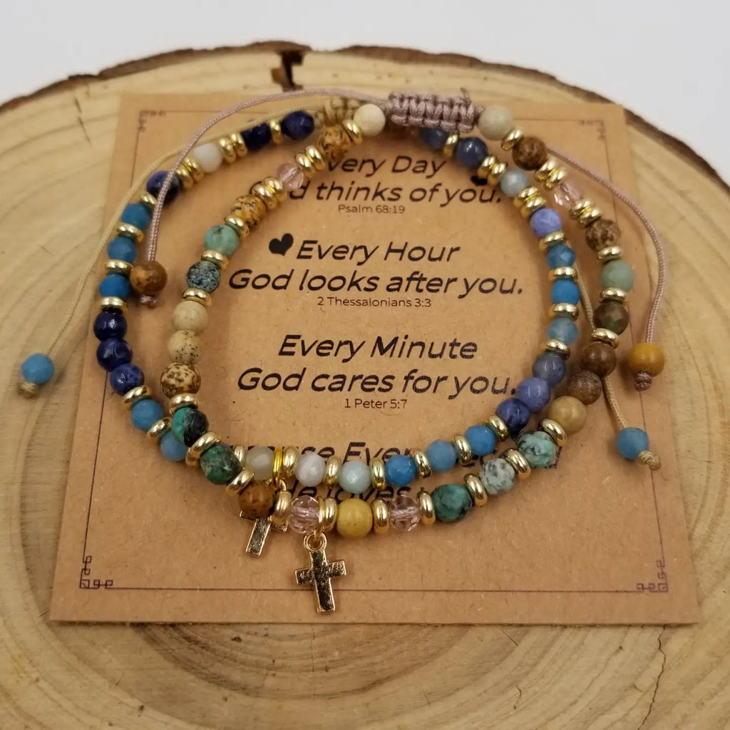 Nova 2 Cross Mini Natural Stone Bead Bracelet with Blessing Card - Brown