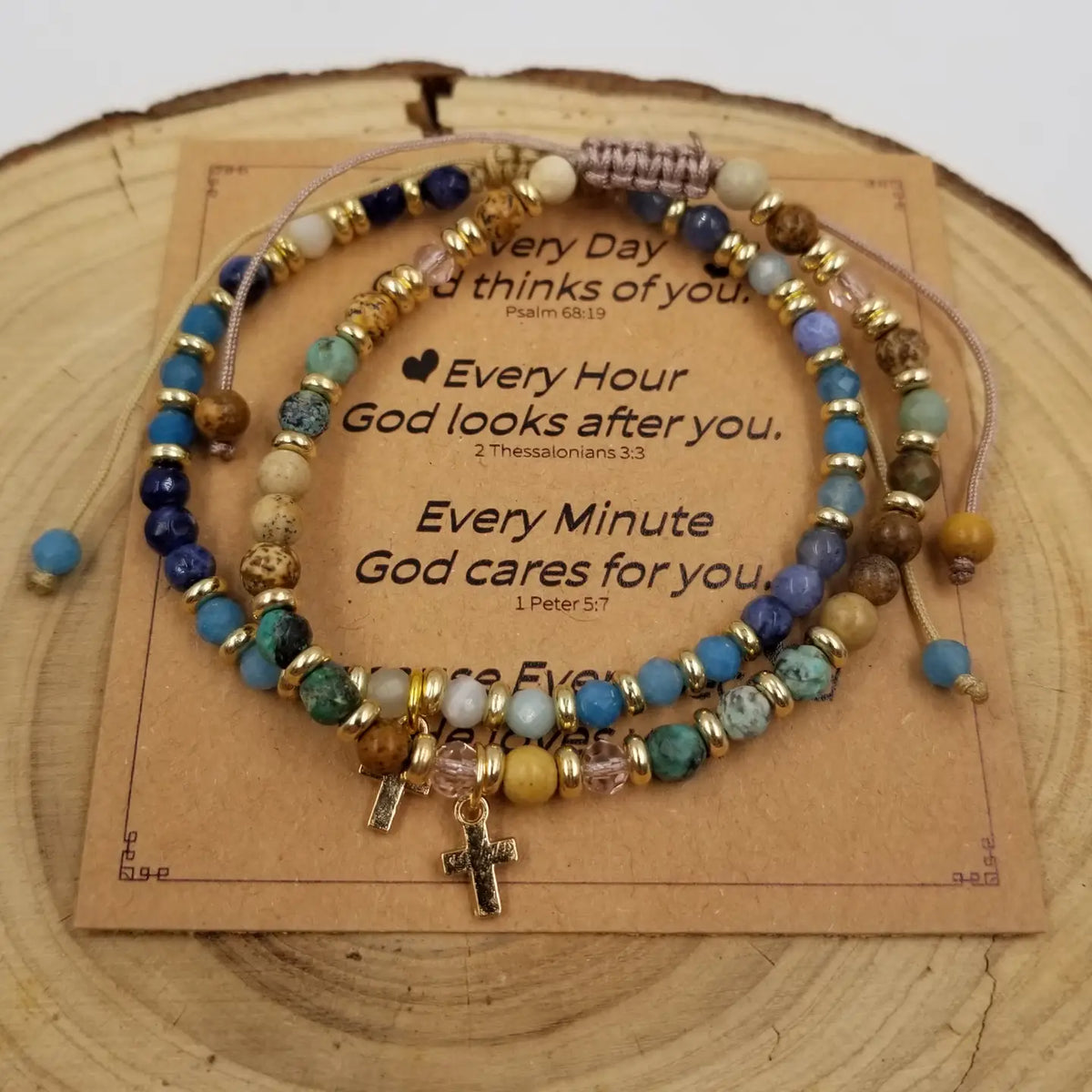 Nova 2 Cross Mini Natural Stone Bead Bracelet with Blessing Card - Brown