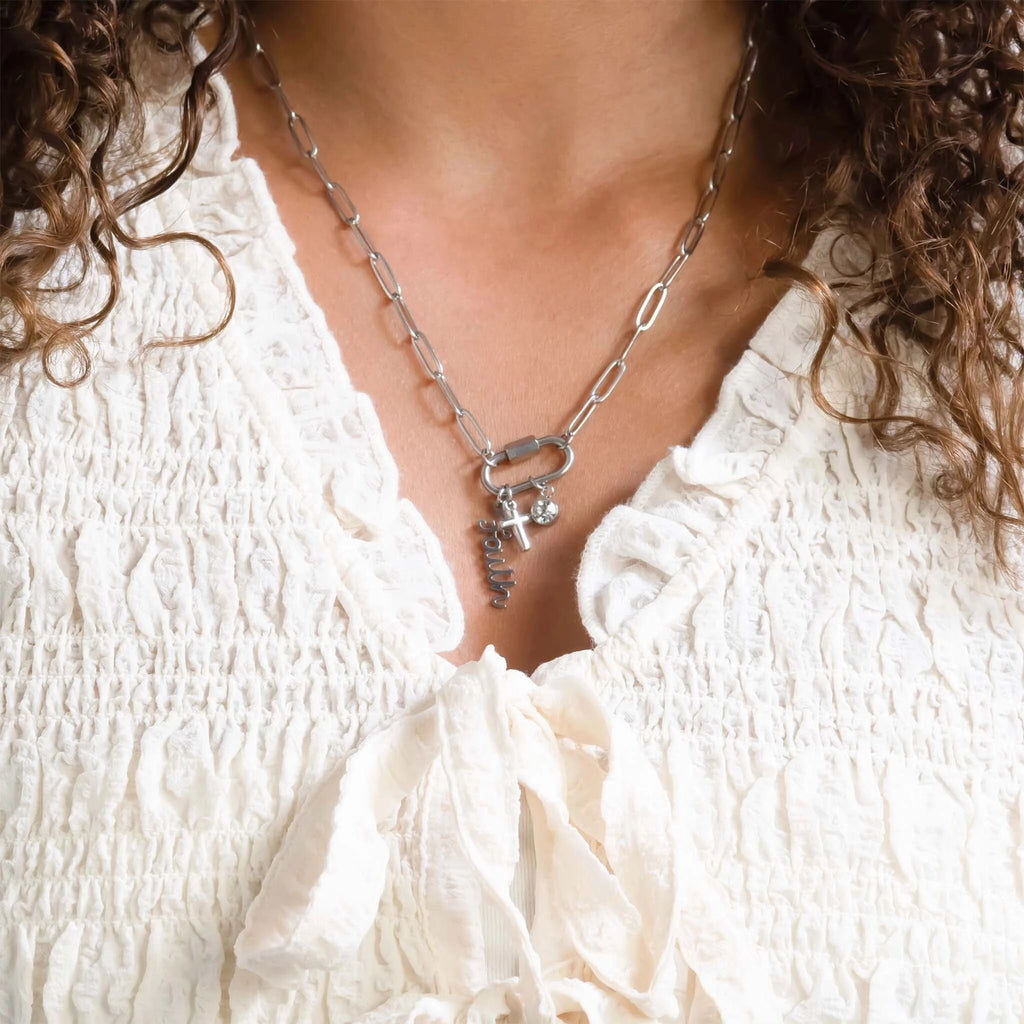 River Silver Stainless Steel Cross Carabiner Charm Necklace