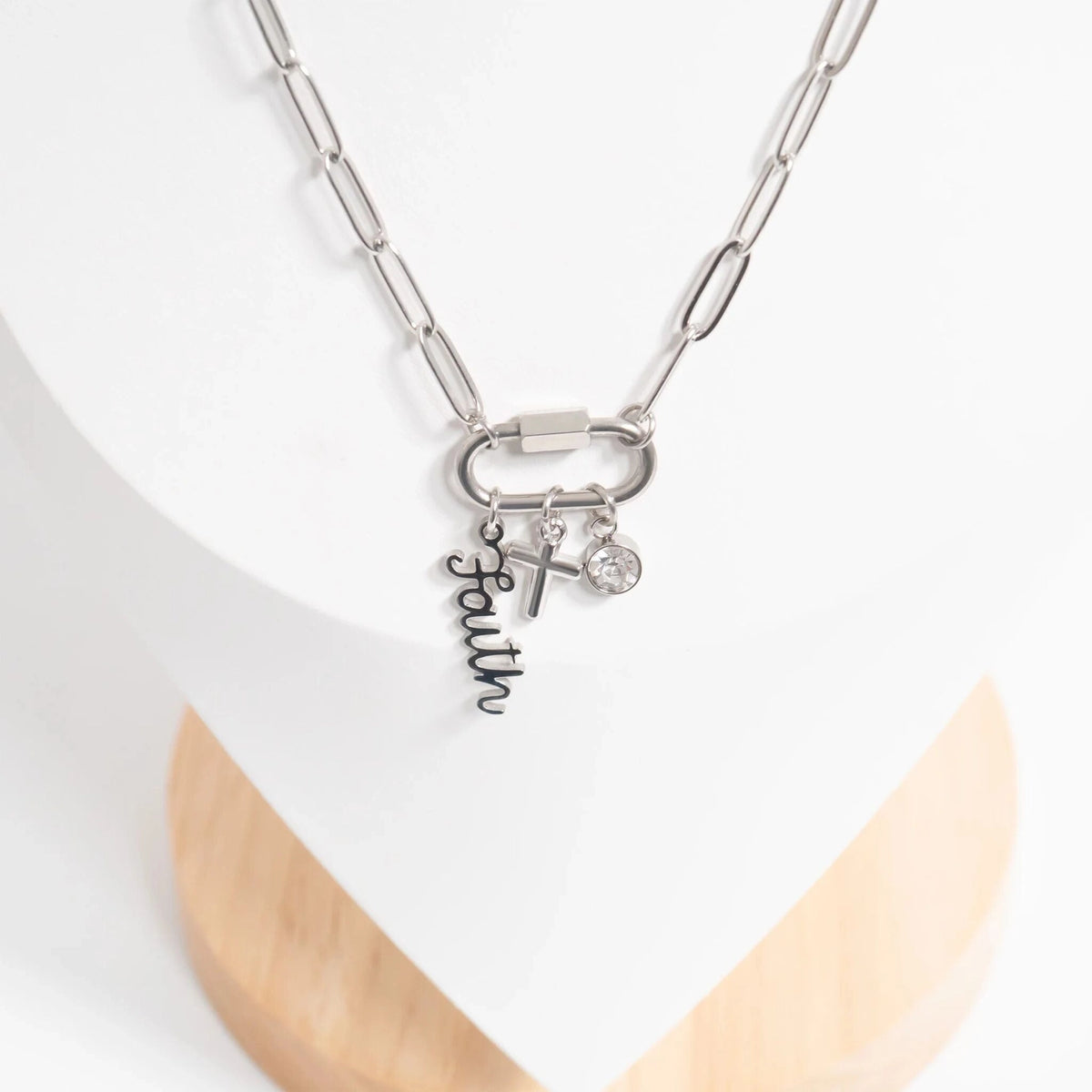 River Silver Stainless Steel Cross Carabiner Charm Necklace