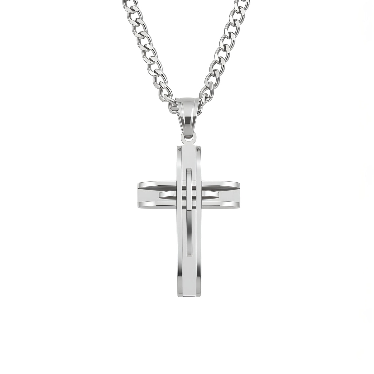 Rodney Cross Necklace in polished white stainless steel with layered cross lines