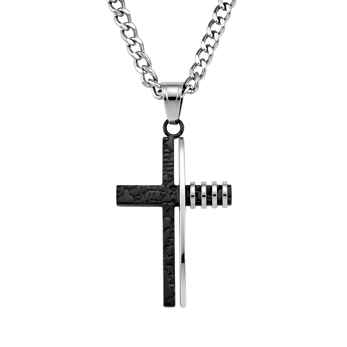 Samauri Scripture Crucifix Necklace in white and black stainless steel with black inlay contrast