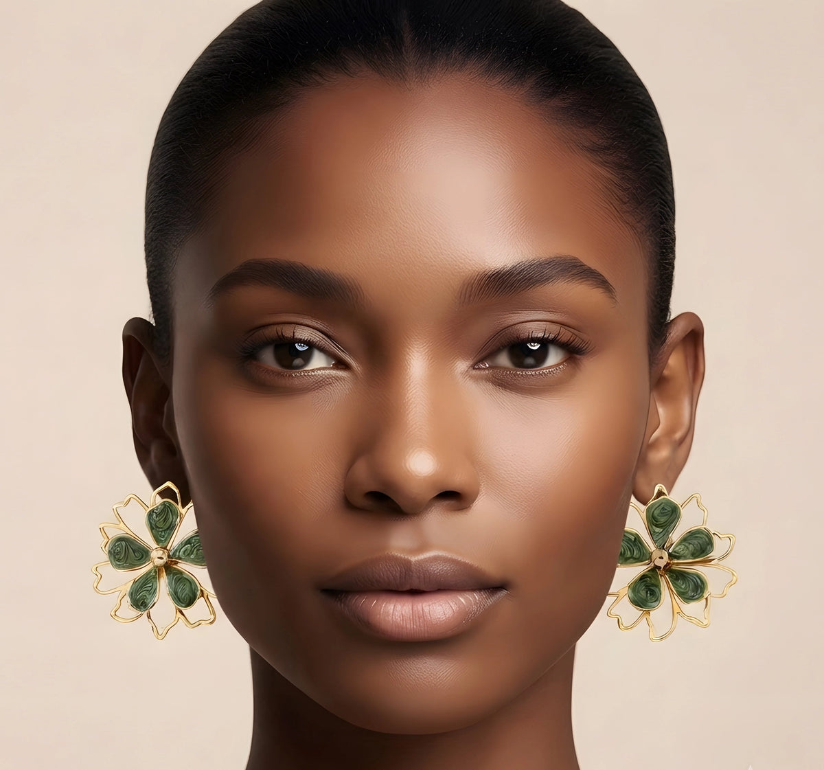 Brooklyn High-End Gold Green Flower Earrings worn