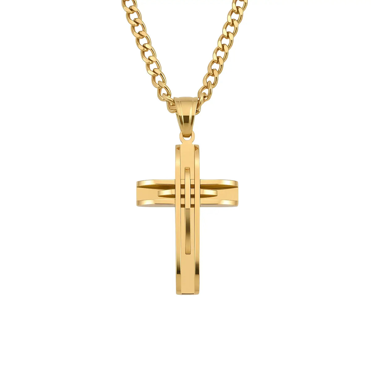 Winson Structured Cross Necklace in polished gold steel with beveled cross lines