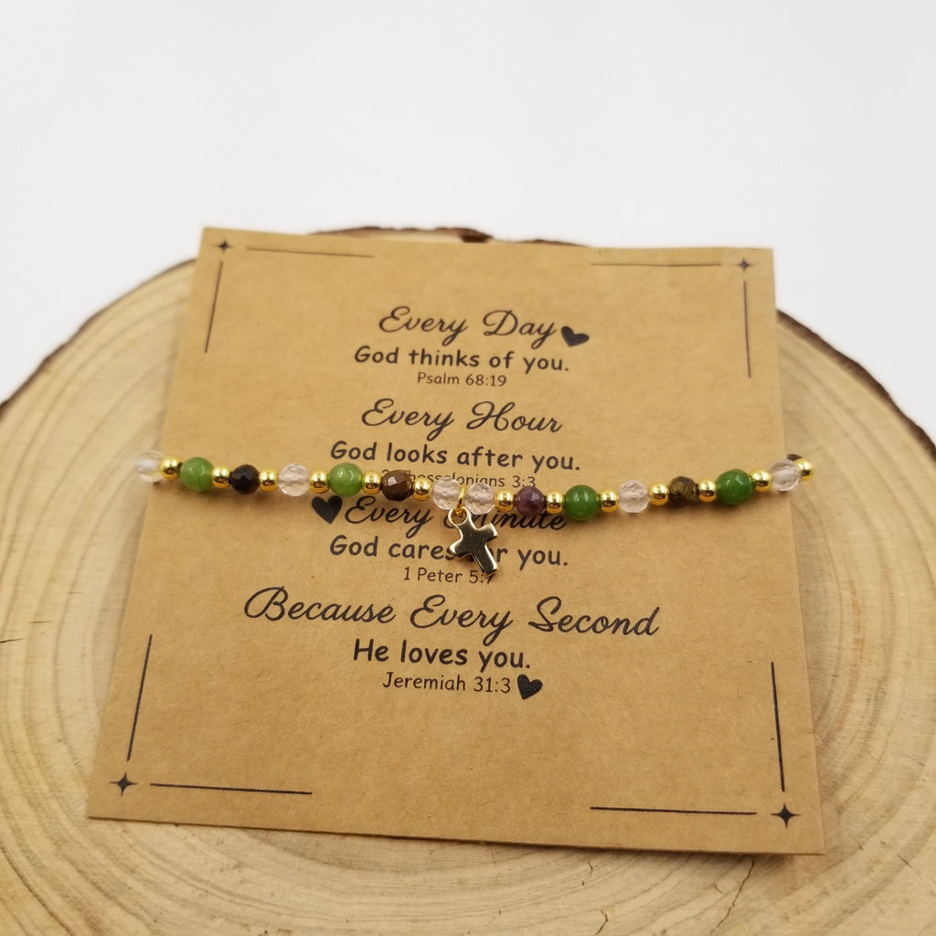 Henrietta 4mm Natural Stone Gold Cross Bracelet with inspirational card