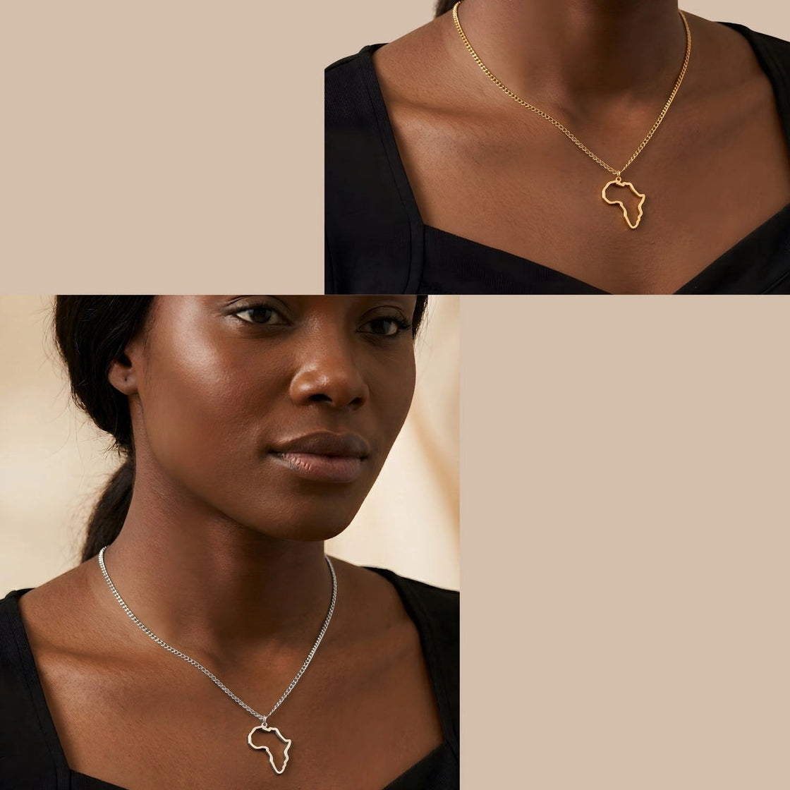 Faith Africa Map Hollow Pendant Necklace in gold and silver worn by models