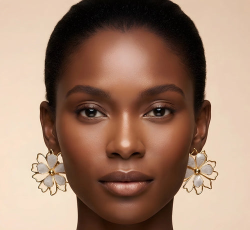 Brooklyn High-End Gold White Flower Earrings worn